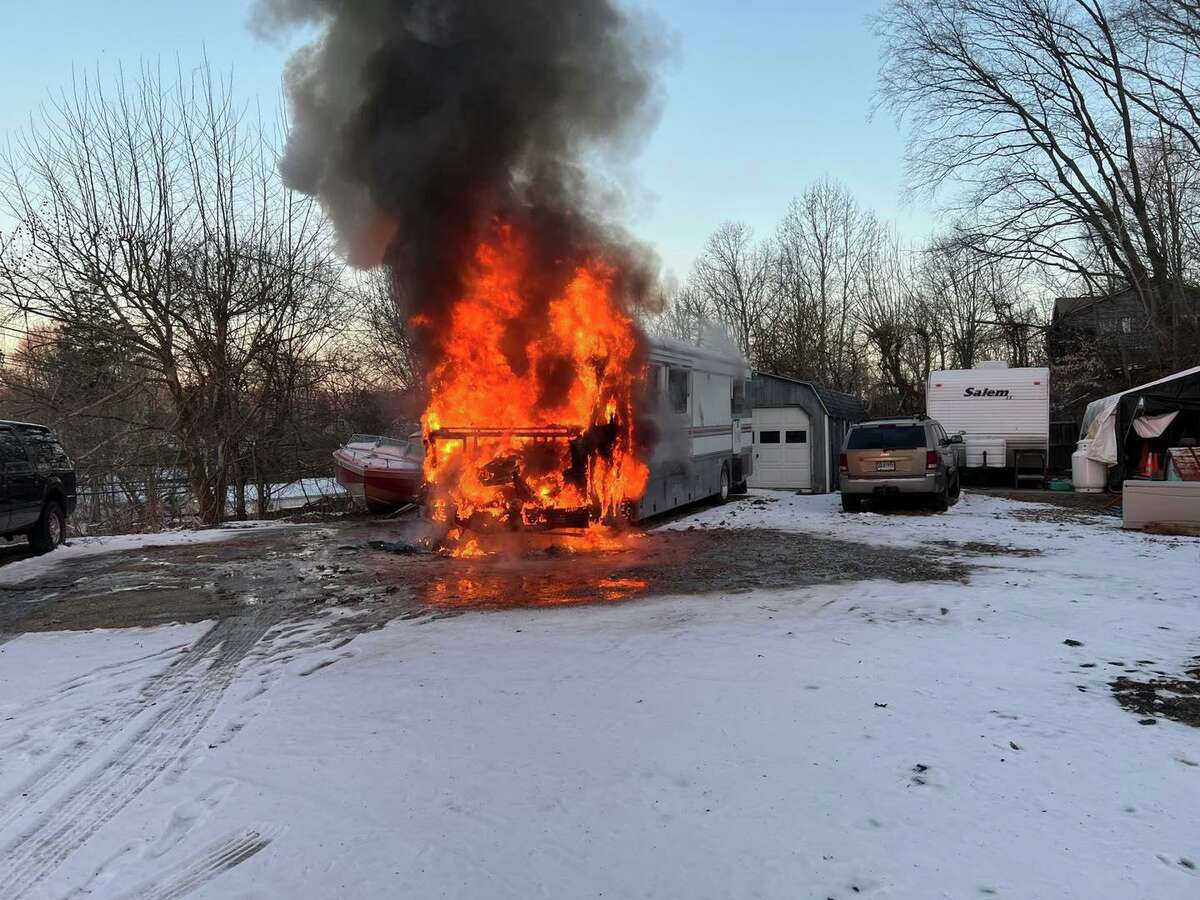 Crews responded to Candlewood Lake Road in Brookfield, Conn., around 6:50 a.m. Tuesday, Feb. 15, 2022, for a recreational vehicle fire.