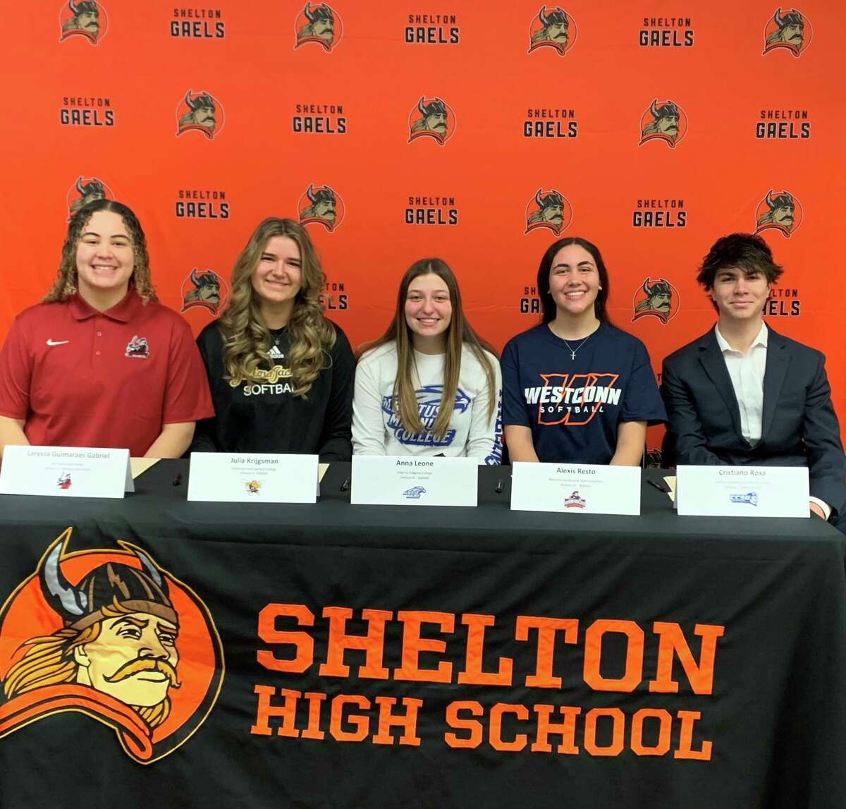 Shelton's Laryssa Guimaraes (Manhattanville College-basketball), Julia Krijgsman, (American International College-softball), Anna Leone (Albertus Magnus College-softball), Alexis Resto (Western Connecticut State University-softball) and Cristiano Rosa (Central Connecticut State University-football) announced their college plans in a ceremony at the school.