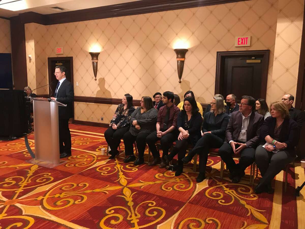 Attorney Josh Koskoff, representing nine families with loved ones killed in the Sandy Hook massacre, announces a $73 million settlement with gunmaker Remington Tuesday Feb. 15, at the Trumbull Marriott Shelton.