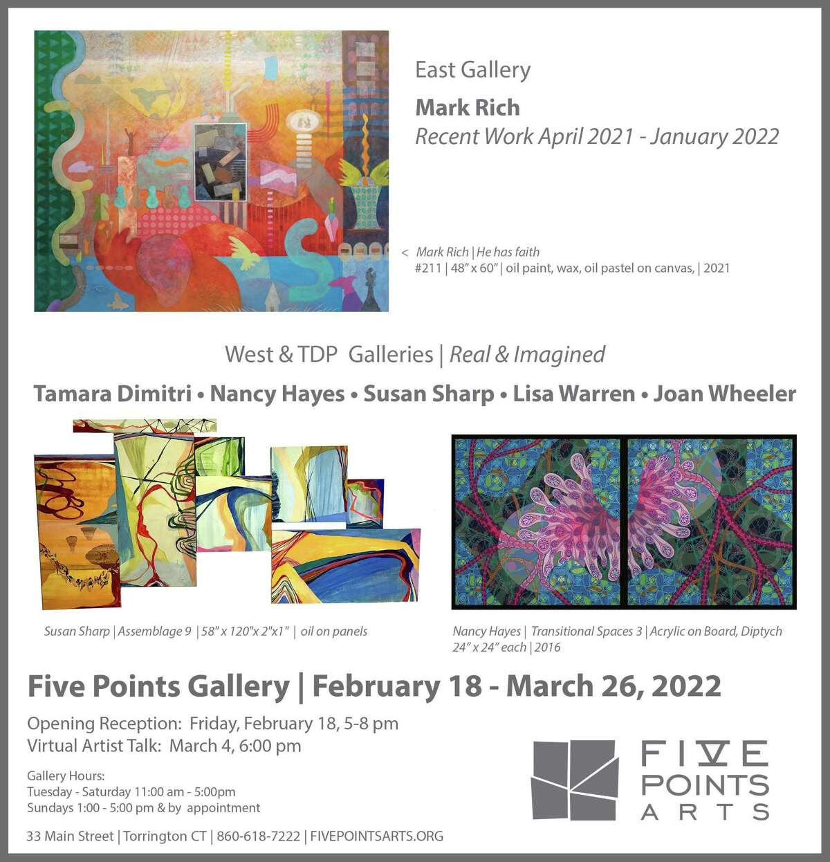 Opening Feb. 18 at Five Points Gallery: “Real & Imagined”, Joan Wheeler, Lisa Warren, Nancy Hayes, Susan Sharp, Tamara Dimitri; Also showing: Mark Rich: Recent Work April 2021 - January 2022.