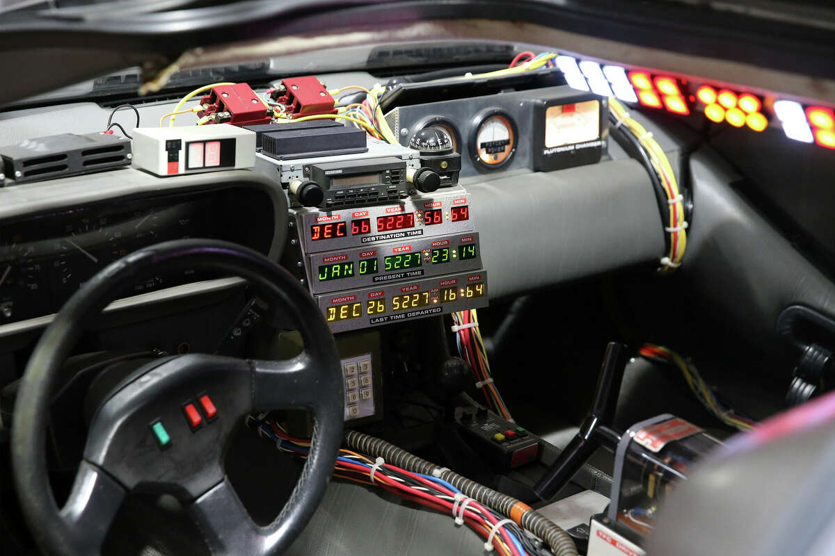 The detail of the interior console of a DeLorean featured in the film "Back to the Future" owned by collector Bob Wills.