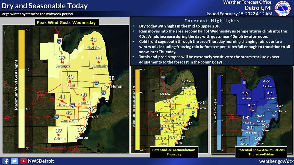 After quiet and dry weather on Tuesday, freezing rain is likely Wednesday into early Thursday until temperatures fall enough to produce all snow, according to the National Weather Service.