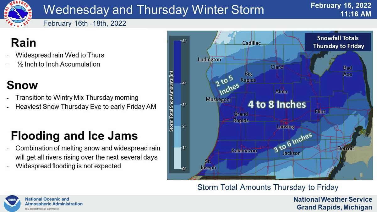 Half an inch to an inch of rain is expected on Wednesday with a wintry mix of precipitation early Thursday, according to the National Weather Service.