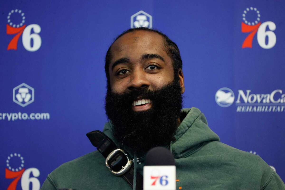 James Harden #1 of the Philadelphia 76ers looks on during a press conference at the Seventy Sixers Practice Facility on February 15, 2022 in Camden, New Jersey.
