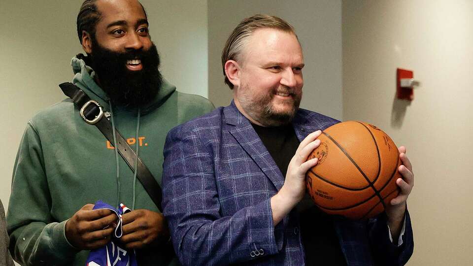 *** BESTPIX *** CAMDEN, NEW JERSEY - FEBRUARY 15: James Harden #1 (L) and president of basketball operations Daryl Morey of the Philadelphia 76ers look on during a press conference at the Seventy Sixers Practice Facility on February 15, 2022 in Camden, New Jersey. (Photo by Tim Nwachukwu/Getty Images) NOTE TO USER: User expressly acknowledges and agrees that, by downloading and or using this photograph, User is consenting to the terms and conditions of the Getty Images License Agreement.