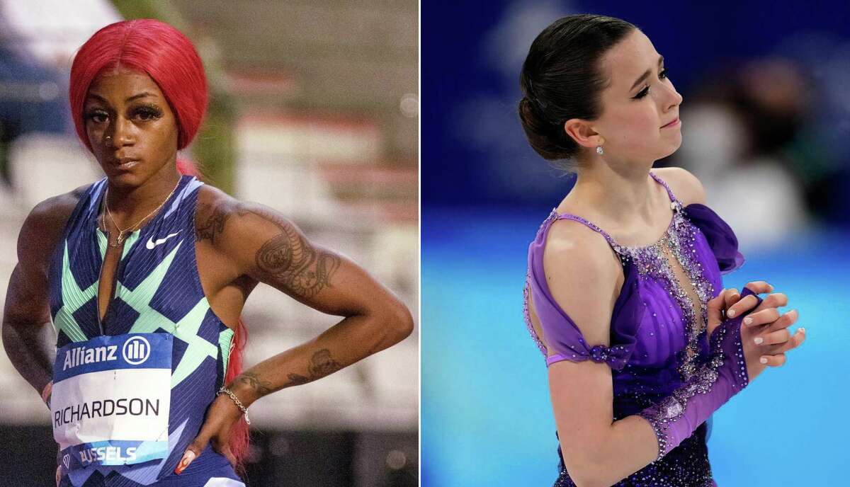 A composite photo of Sha'carri Richardson (left) of the United States looks on during the women's 200m of the Wanda Diamond League Memorial Van Damme at King Baudouin Stadium on September 3, 2021 in Brussels, Belgium and Kamila Valieva (right) of the Russian Olympic Committee,reacts after the women's short program during the figure skating at the 2022 Winter Olympics, Tuesday, Feb. 15, 2022, in Beijing.