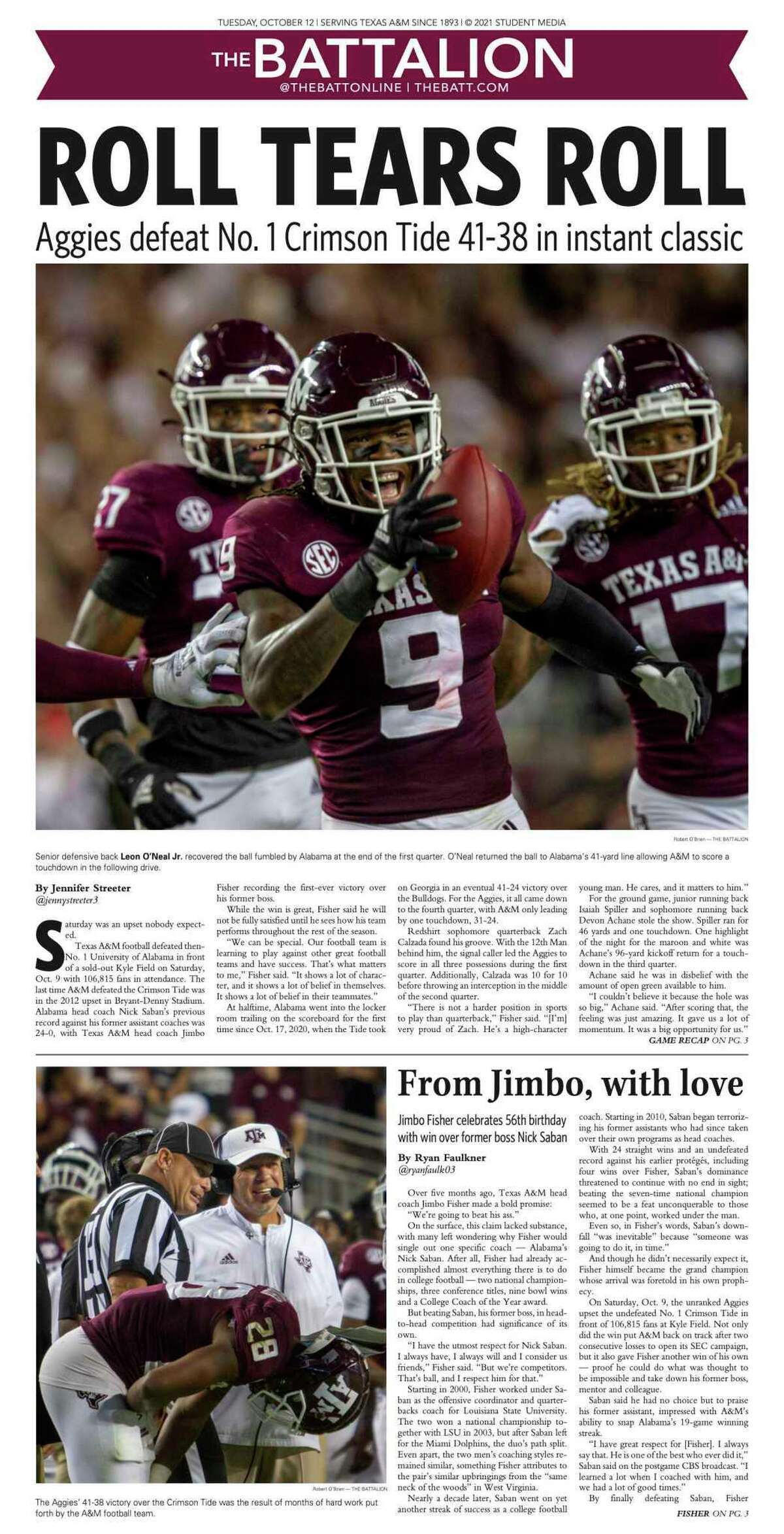 The Battalion, Texas A&M University’s student newspaper, is shown in a Tuesday, Oct. 12, 2021 issue. The university has ordered the paper to stop printing its weekly publication at the end of the spring semester.