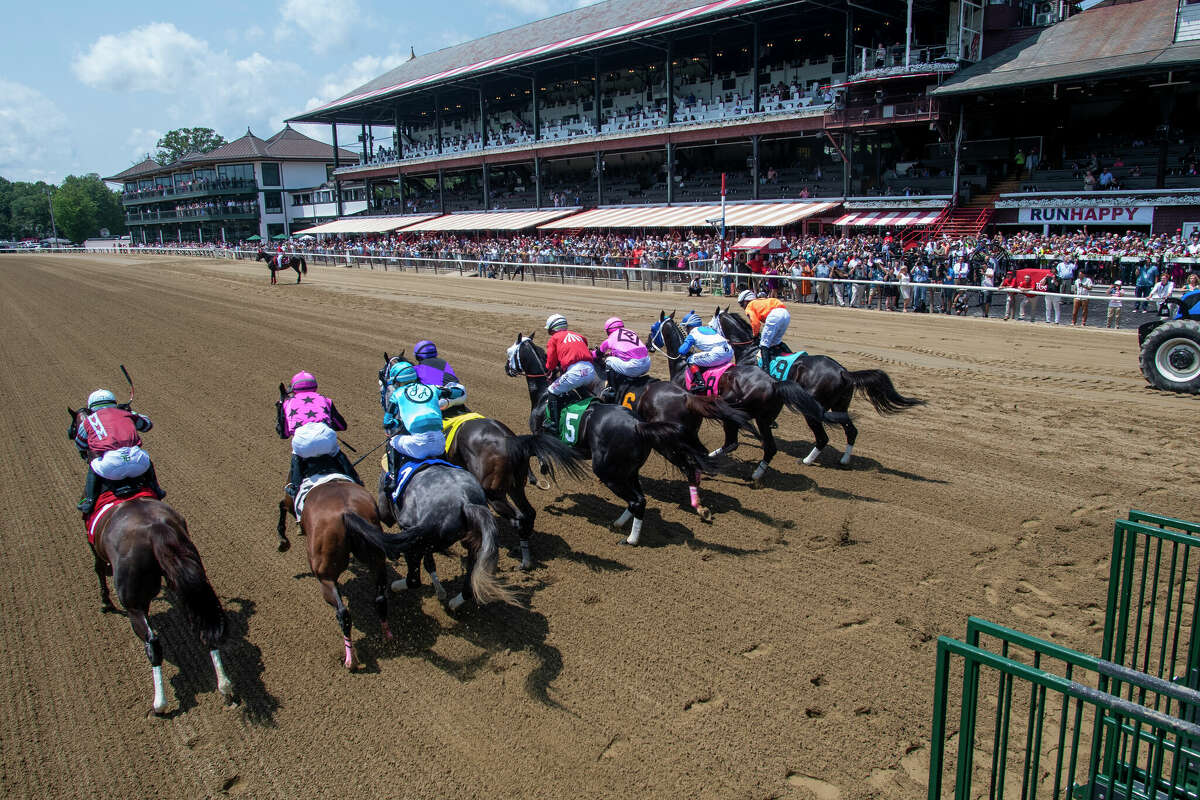 The first race leaves the starting gate on Opening Day of the 153rd meeting at the Saratoga Race Course Thursday July 15, 2021 in Saratoga Springs, N.Y. New York's horse racing industry has benefited from nearly $3 billion in financial supports that the state has directed to it over the last 13 years. Photo Special To the Times Union by Skip Dickstein