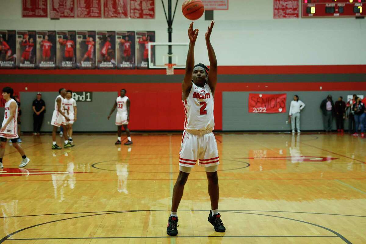 Judson's Anariss Brandon (2) shoots a free-throw during the fourth quarter against the Wagner Thunderbirds at Judson High School in San Antonio, Texas, Tuesday, Feb. 15, 2022. The Rockets defeated the Thunderbirds 69-58 to take the 27-6A championship title.