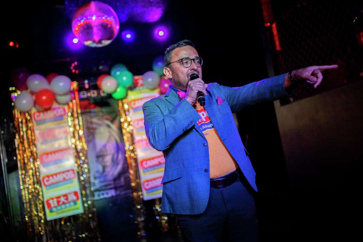 David Campos gives a speech to a packed crowd of supporters at his election night party inside SF Eagle, Tuesday, Feb. 15, 2022, in San Francisco, Calif. Campos is a candidate in the 2022 California 17th State Assembly district special election.