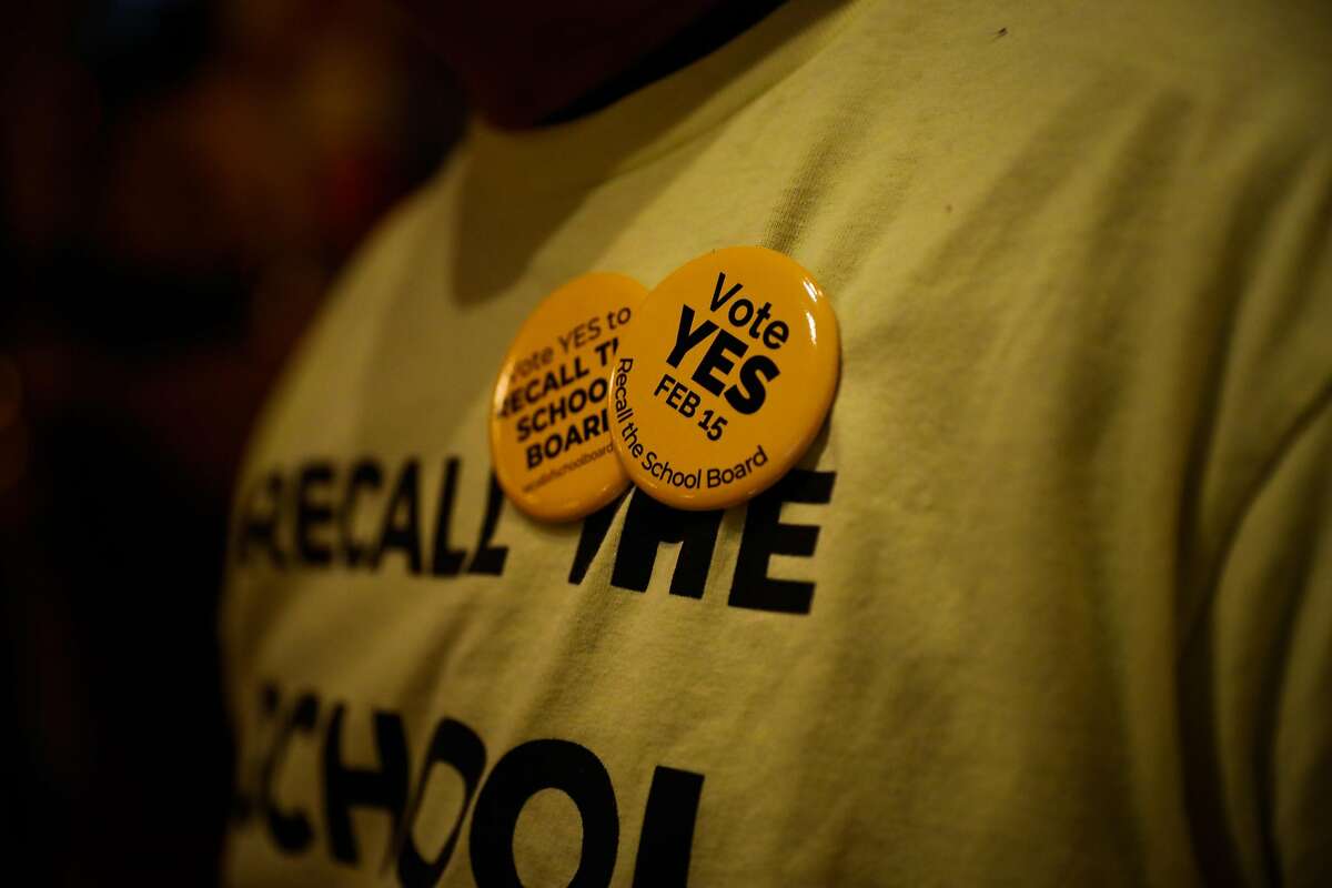 A pro-recall pin is worn at the pro-recall party at Manny’s restaurant on Tuesday, Feb. 15, 2022 in San Francisco, California.