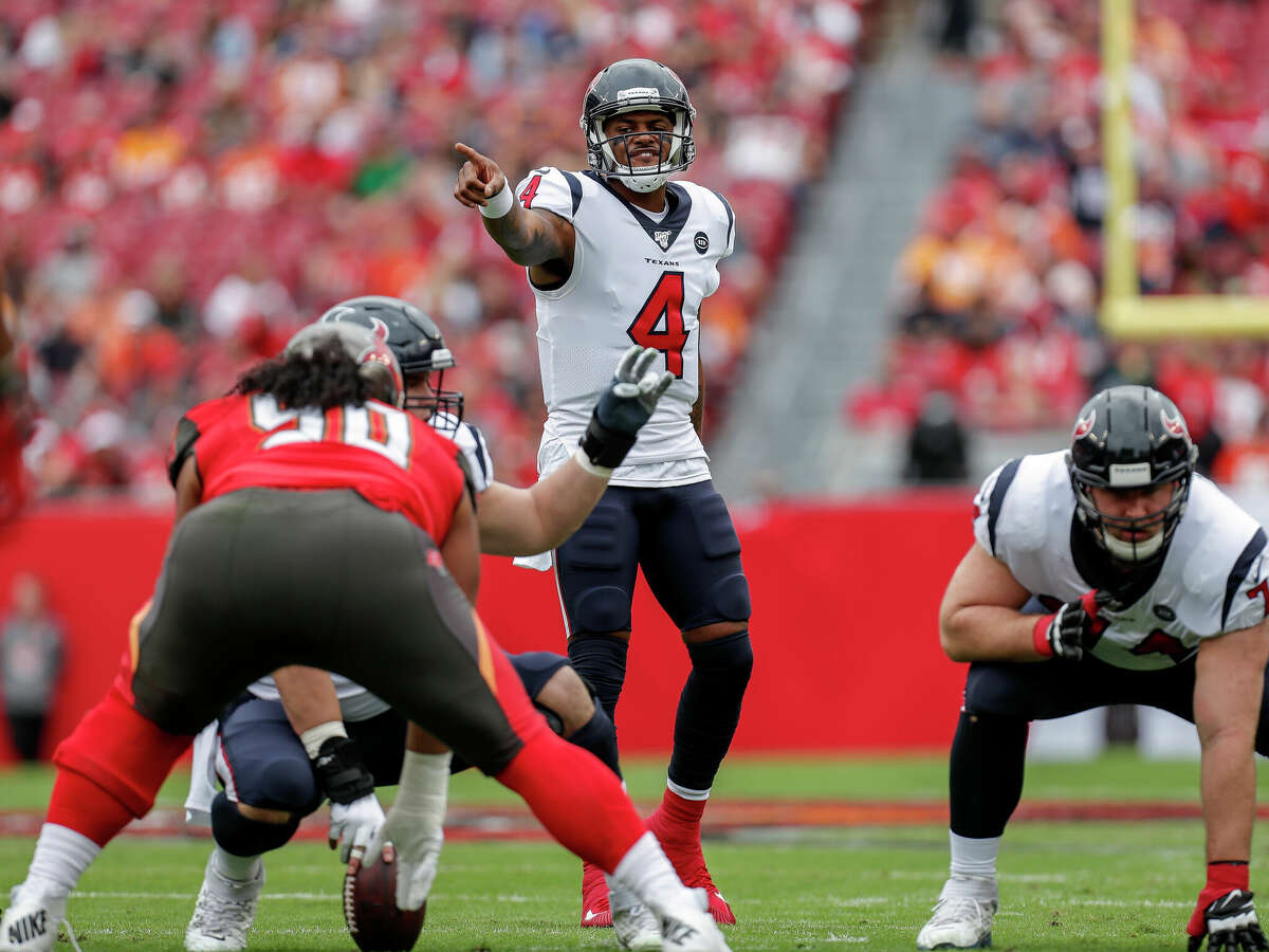 Quarterback Deshaun Watson of the Houston Texans changes a play call at the line of scrimmage during the game against the Tampa Bay Buccaneers at Raymond James Stadium on December 21, 2019 in Tampa, Florida.