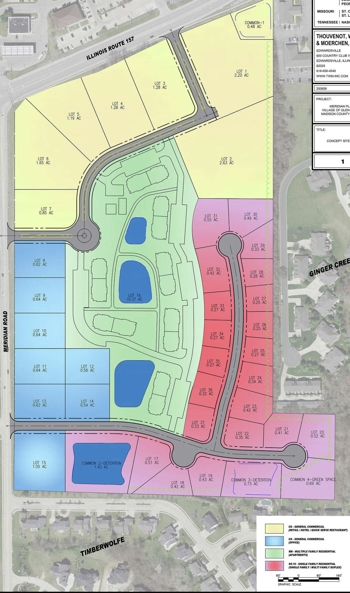 Meridian Plaza. Yellow = commercial, retail; red = attached villas; green = apartments; and blue = office/retail.