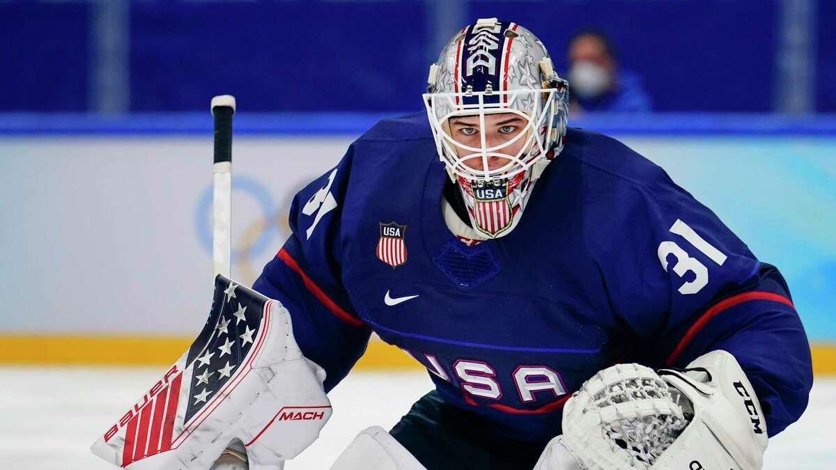 United States goalkeeper Strauss Mann plays against Slovakia during a men's quarterfinal hockey game at the 2022 Winter Olympics, Wednesday, Feb. 16, 2022, in Beijing. (AP Photo/Matt Slocum)