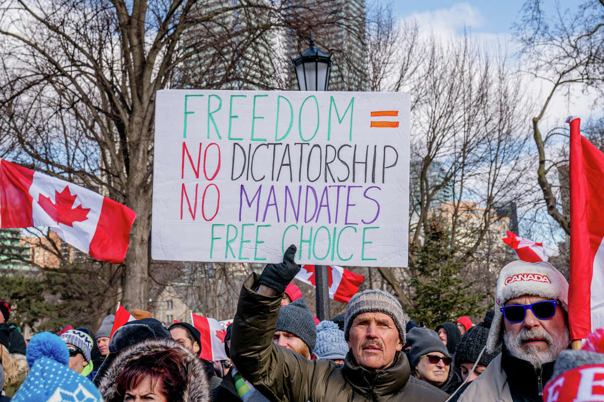 Protesters gathered in Queens Park, Toronto, for the second consecutive weekend in solidarity with the Freedom Convoy of Truckers protesting vaccine mandates. They continue to receive funding from U.S. Republicans.