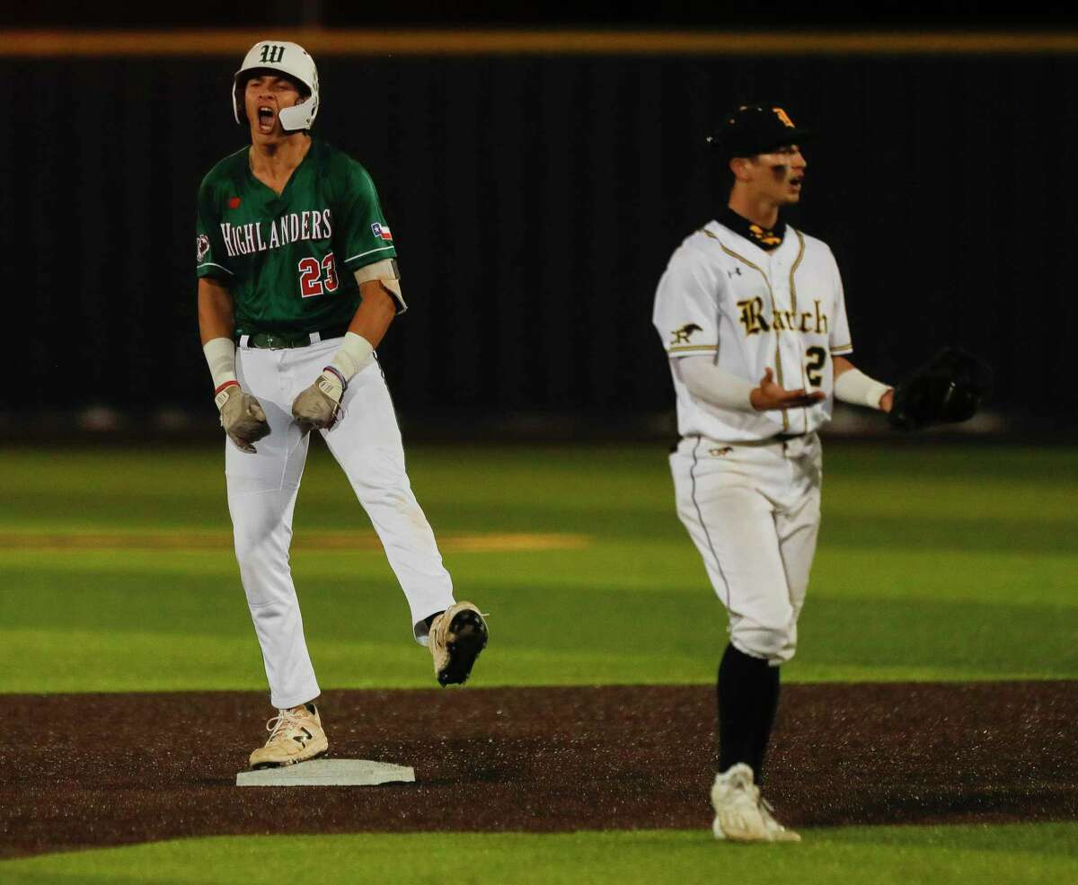 Conner Doucet #23 of The Woodlands reacts after hitting a double during the fifth inning of a Region II-6A high school baseball area playoff game at Cypress Ranch High School, Thursday, May 13, 2021, in Cypress.