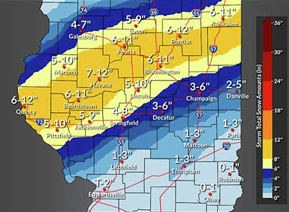 Snow accumulation from a winter storm Thursday is expected to be heaviest in a Jacksonville-to-Bloomington line and north. Snowfall could be at a rate of 1 to 2 inches an hour at some points today, according to the National Weather Service.