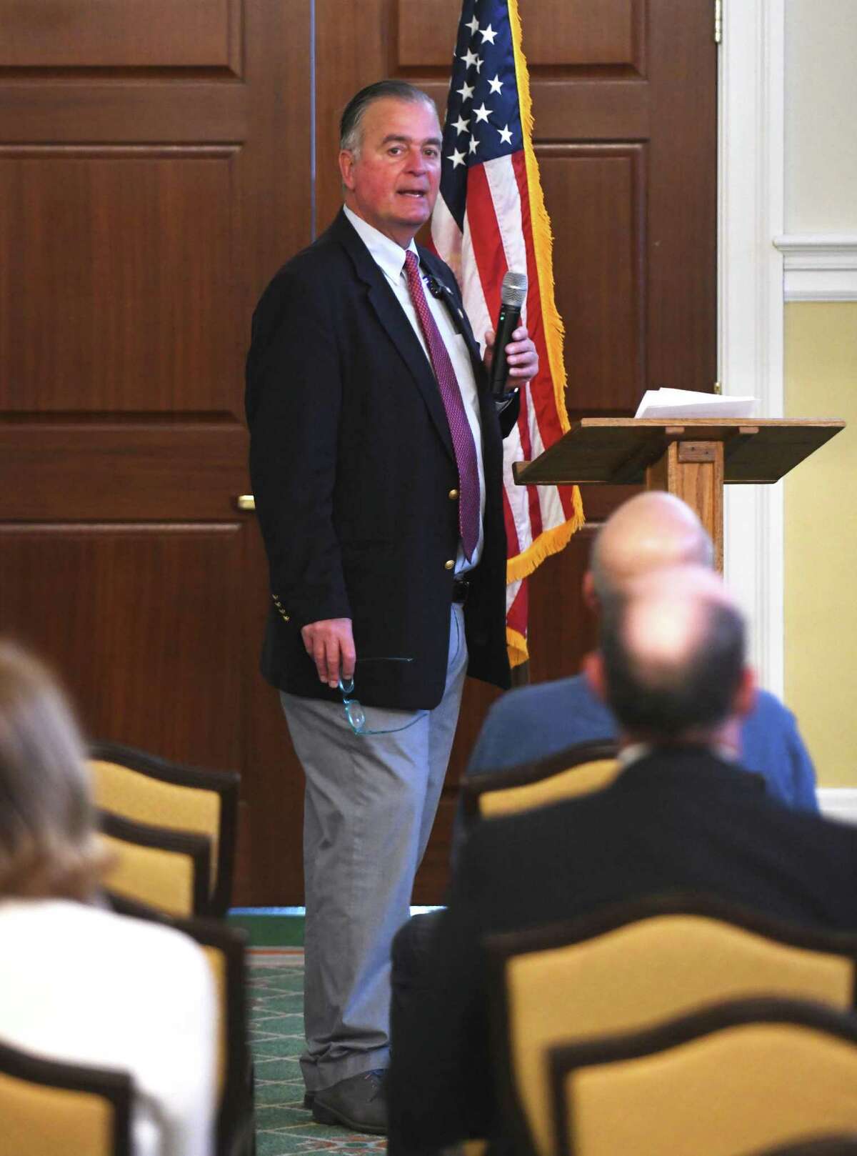 State Rep. Steve Meskers, D-Greenwich, speaks during the Retired Men's Association of Greenwich weekly speaker series at First Presbyterian Church in Greenwich, Conn. Tuesday, Feb. 16, 2022. Meskers, who represents District 150 of the Connecticut General Assembly, spoke on the topic of “Economic Development in Post-COVID Connecticut."