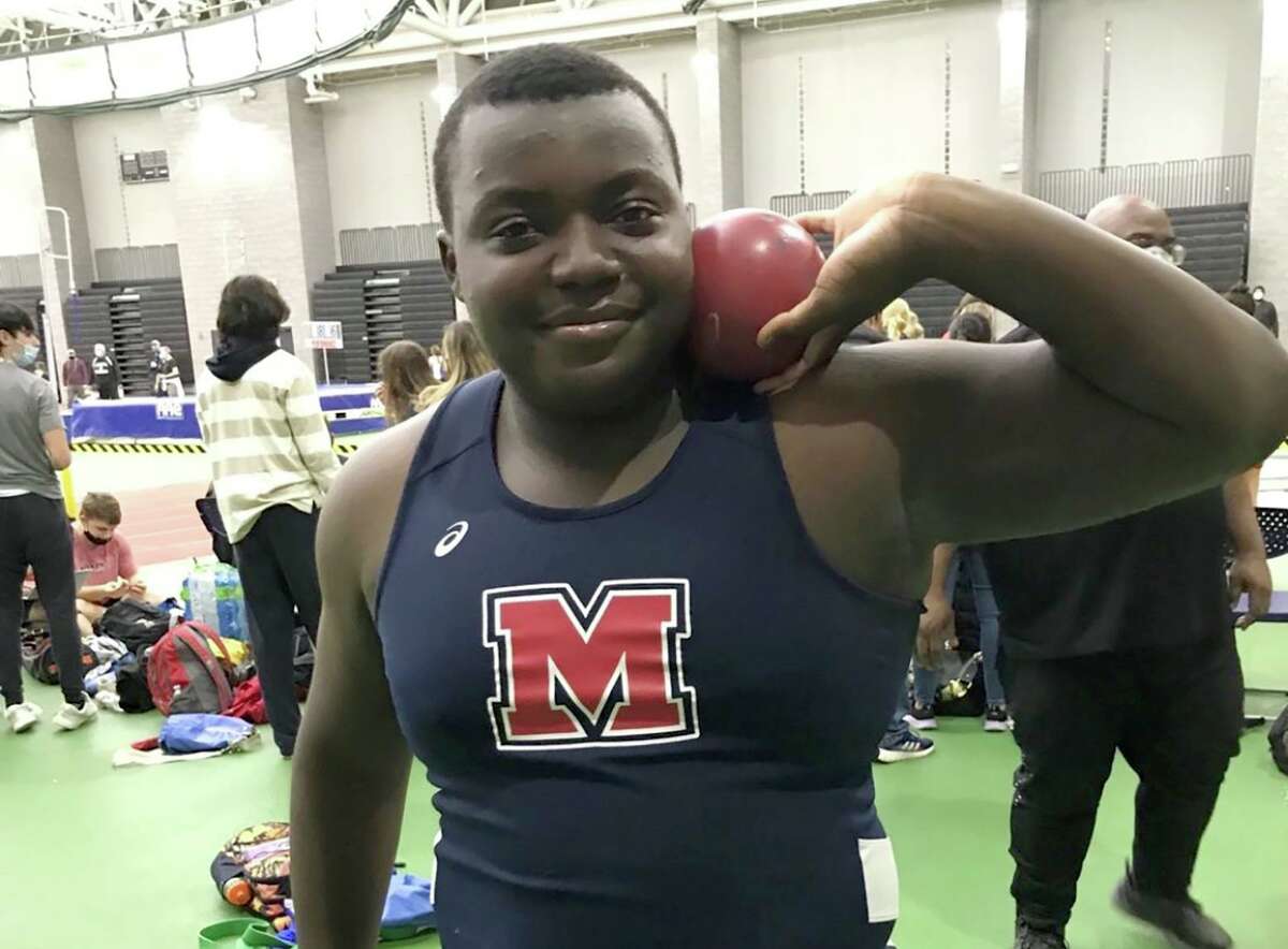 Brien McMahon’s Marques Singleton at the CIAC Class LL indoor track and field championships, where he won the shot put title at the Floyd Little Athletic center on Feb. 15, 2022.