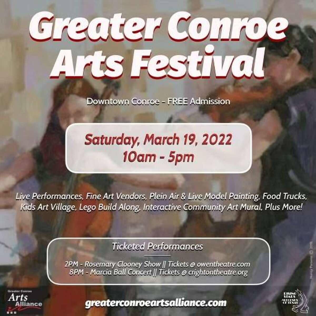 The Greater Conroe Arts Alliance presents the Greater Conroe Arts Festival this March. The one-day free event is Saturday, March 19, from 10 a.m. until 5 p.m. at Founder’s Plaza Park in downtown Conroe with live performance from both members of the organization and many special guests to entertain and bring interactive activities for everyone.