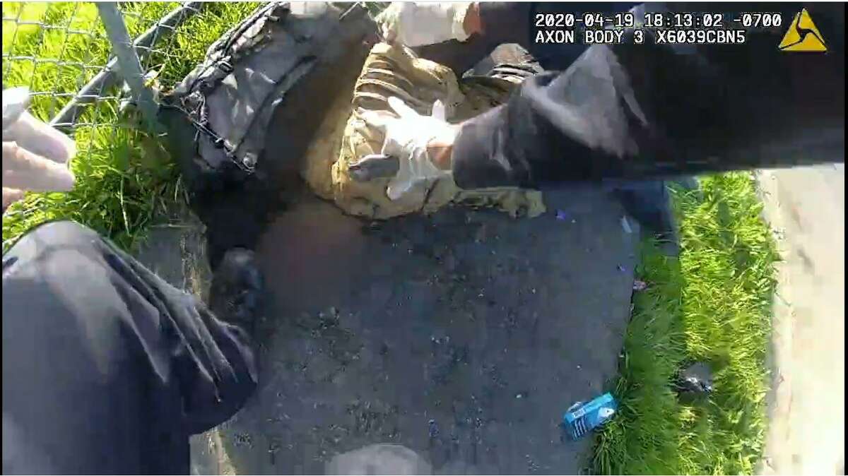 Vallejo police Officer Colin Eaton’s body-worn camera shows him stepping on a suspect’s head to get him under control during an arrest in April 2020. Eaton was found to have violated police department policy.