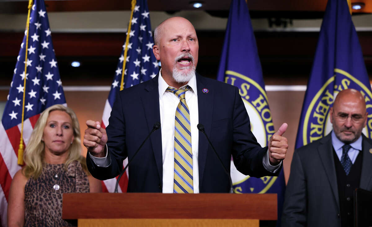 Rep. Chip Roy (R-TX), joined by Rep. Marjorie Taylor Greene (R-GA), speaks at a news conference about the National Defense Authorization Bill at the U.S. Capitol on September 22, 2021 in Washington, DC.