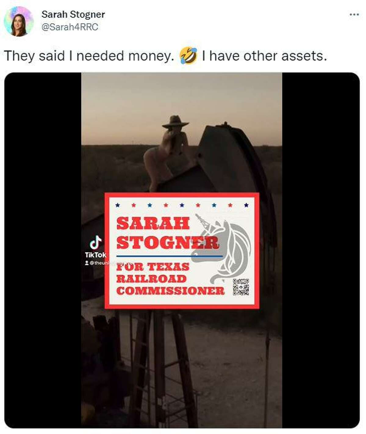 Screenshot of Republican candidate for Railroad Commissioner Sarah Stogner's campaign video of her nearly nude on an oil pump jack.