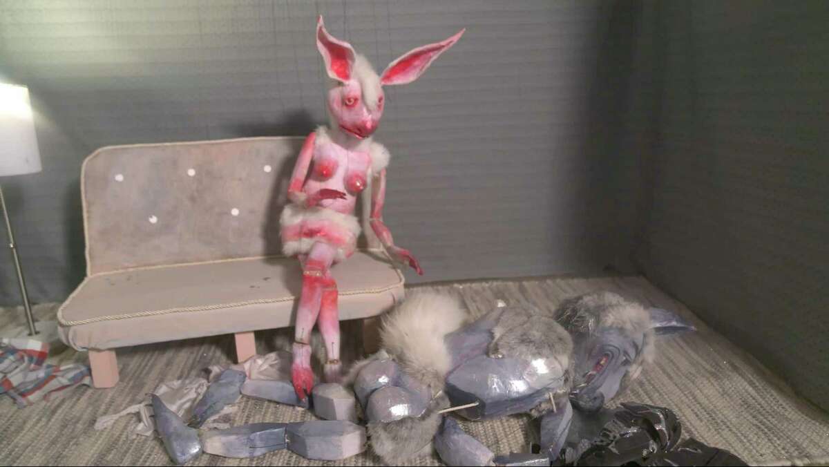 “Bad Bunny Gets Lucky,” a video by San Antonio artist Sarah Fox, follows a bad date between a rabbit and a fox. This is a still from the video.
