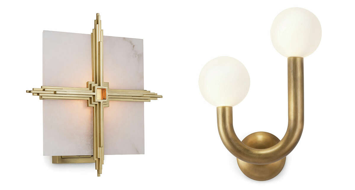A combination of photos show the Gotham sconce (left) and the Happy sconce, part of the Regina Andrew Detroit collection.