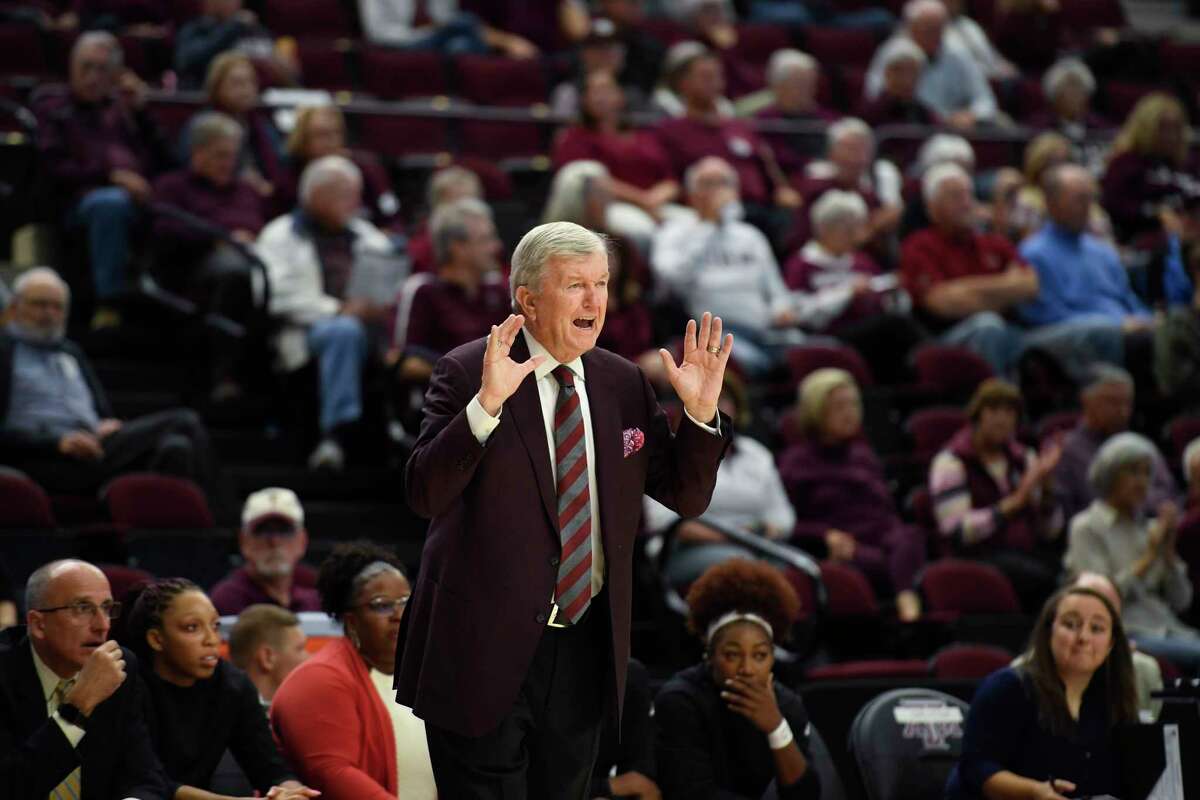 Texas A&M head coach Gary Blair reacts on the sideline against Texas A&M Corpus Christi during the first half of an NCAA college basketball game Tuesday, Nov. 9, 2021, in College Station, Texas. (AP Photo/Justin Rex)