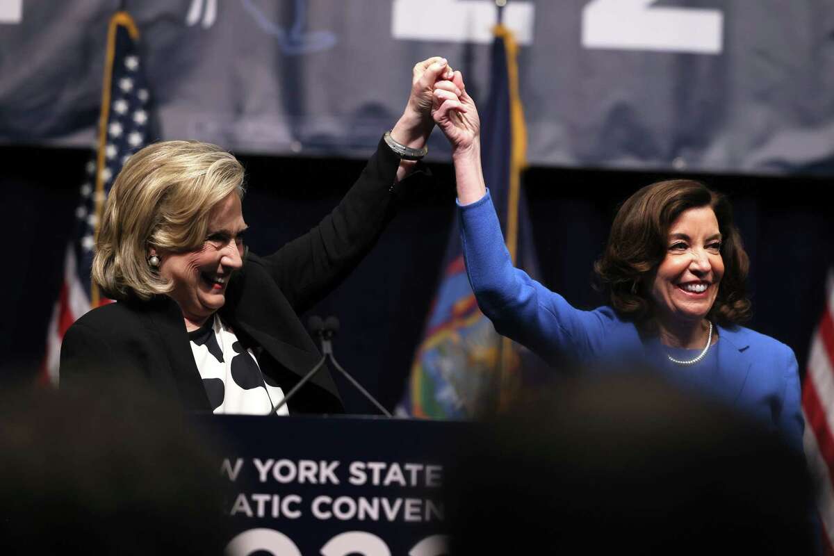 A month before June 28 party primaries for the governor's race, Gov. Kathy Hochul, seen here in February with former Secretary of State Hillary Clinton, leads State Republican Party designee U.S. Rep. Lee Zeldin, R-Long Island, as well as her own party's challengers including New York City Public Advocate Jumaane Williams and others.