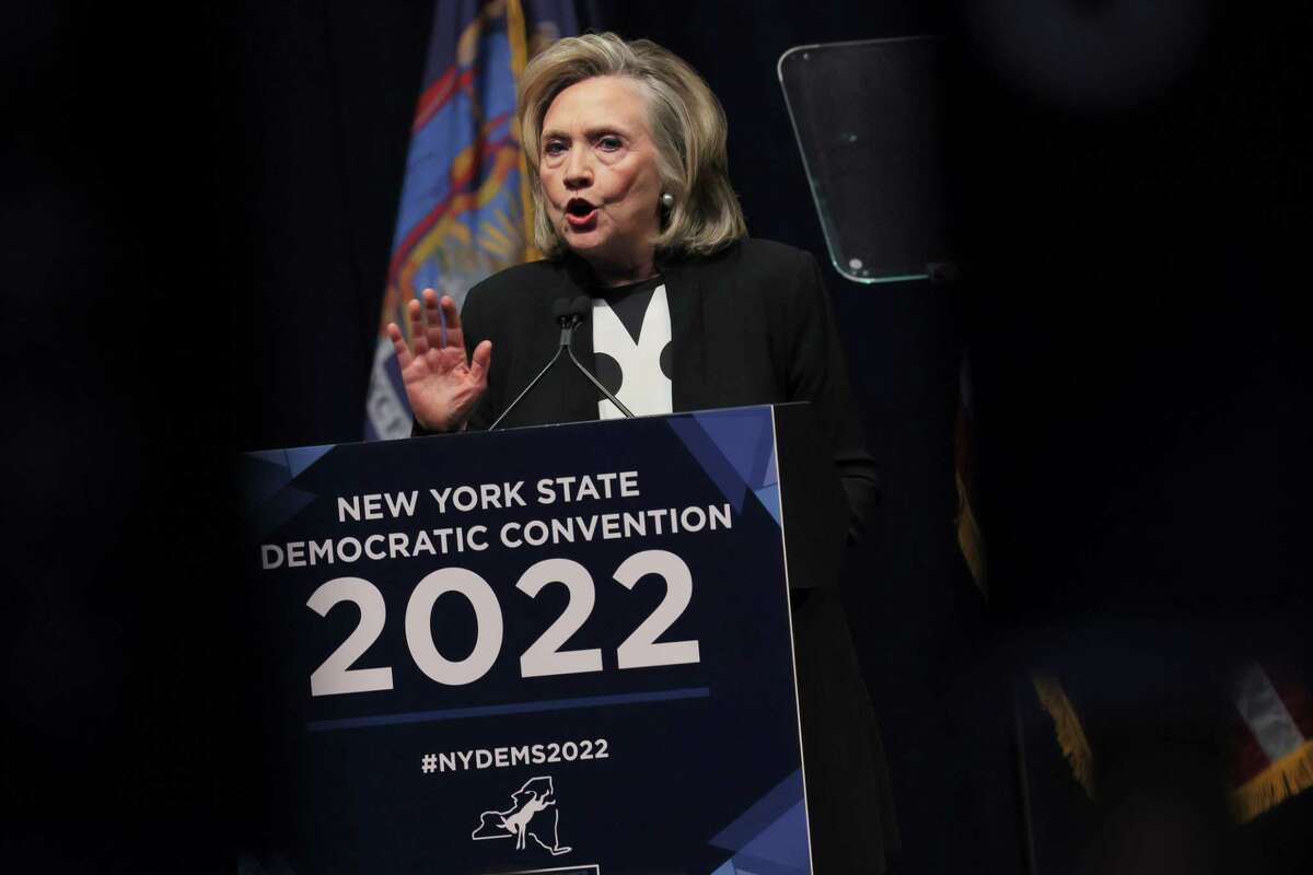 NEW YORK, NEW YORK - FEBRUARY 17:Former Secretary of State Hillary Clinton speaks during the 2022 New York State Democratic Convention at the Sheraton New York Times Square Hotel on February 17, 2022 in New York City. Former Secretary of State Hillary Clinton gave the keynote address during the second day of the NYS Democratic Convention where the party organized the party's platform and nominated candidates for statewide offices that will be on the ballot this year including the nomination of Gov. Kathy Hochul and her Lt. Gov. Brian Benjamin.
