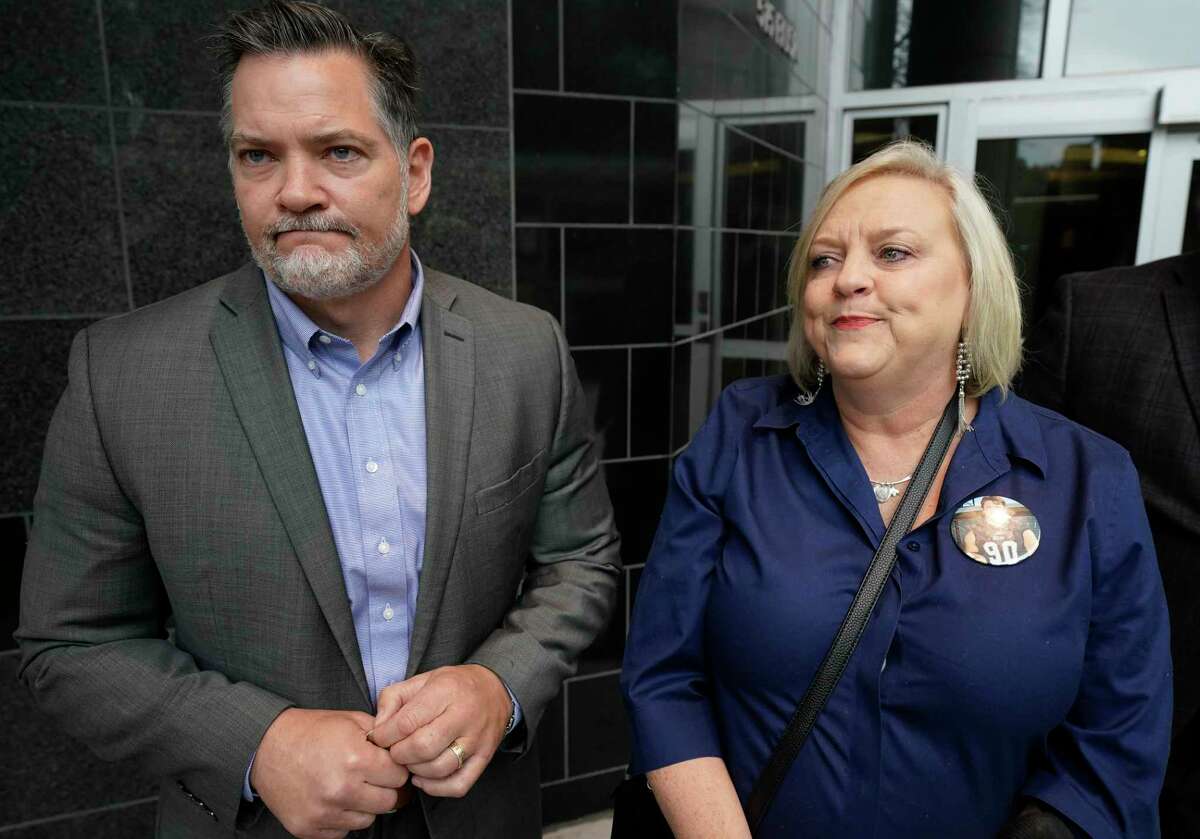 Mical Padgett and his wife, Wyndi Padgett, speak to the media about their late son Blain Padgett outside the Bob Casey United States Courthouse, 515 Rusk St., Thursday, Feb. 20, 2020, in Houston. Stuart “Mooch” Mouchantaf, a former Rice University football player, charged in the 2018 opioid-induced death of Blain Padgett, pleaded guilty to conspiracy to possess with the intent to distribute causing death and possession with the intent to distribute causing death.