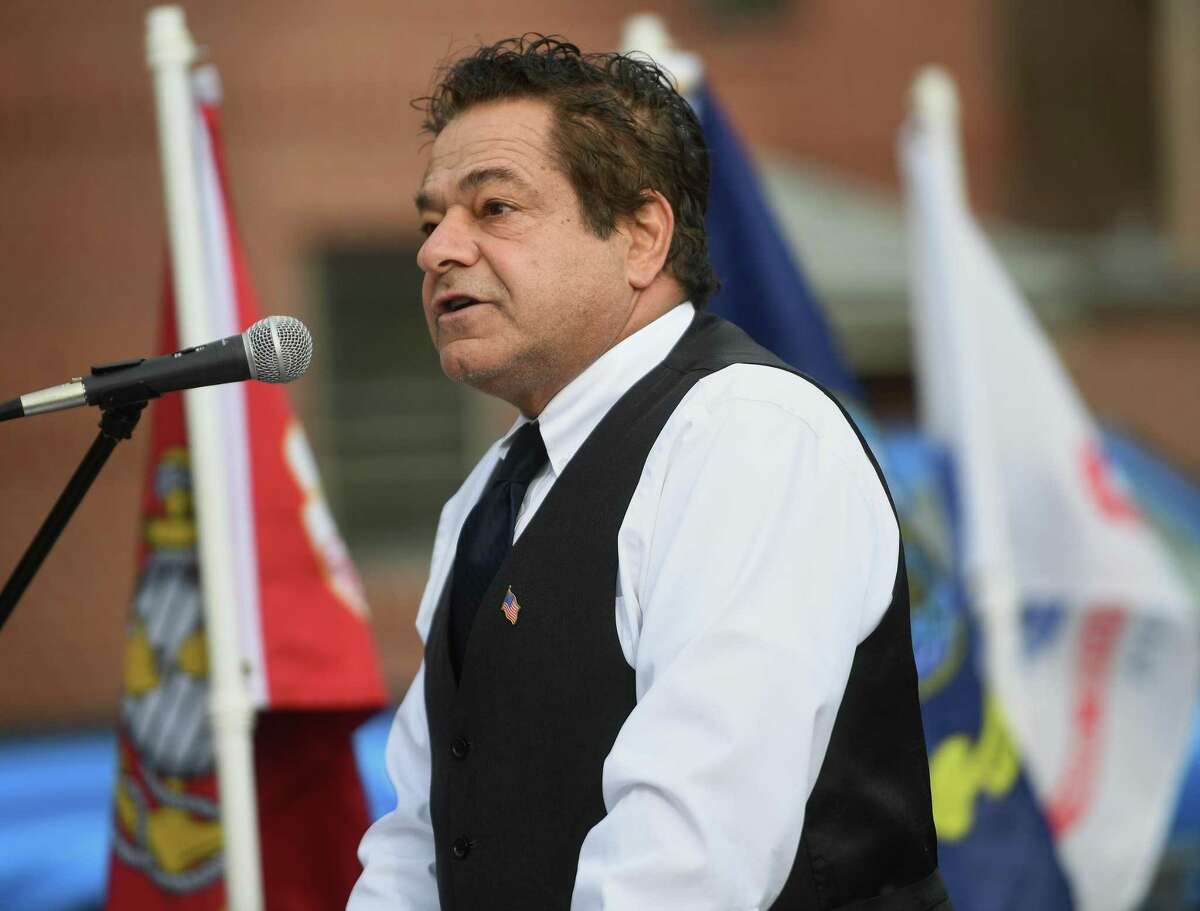 Ansonia Mayor David Cassetti speaks during the 80th anniversary Pearl Harbor Day remembrance ceremony at Veterans Park in Ansonia, Conn. on Tuesday, December 7, 2021.