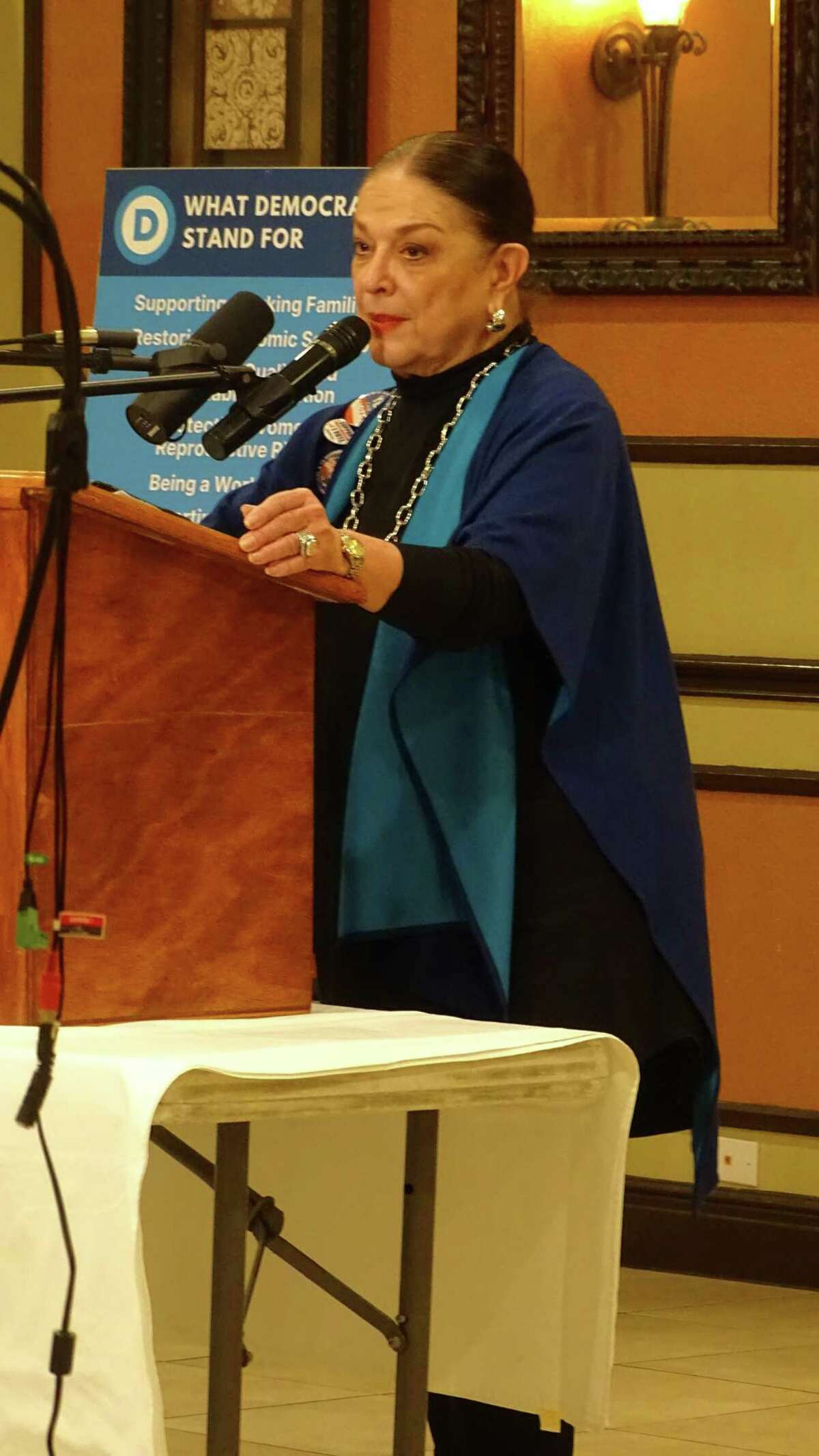 Webb County Democratic Party Chair Sylvia Bruni speaks at a Meet the Candidates event on Feb. 17, 2022.