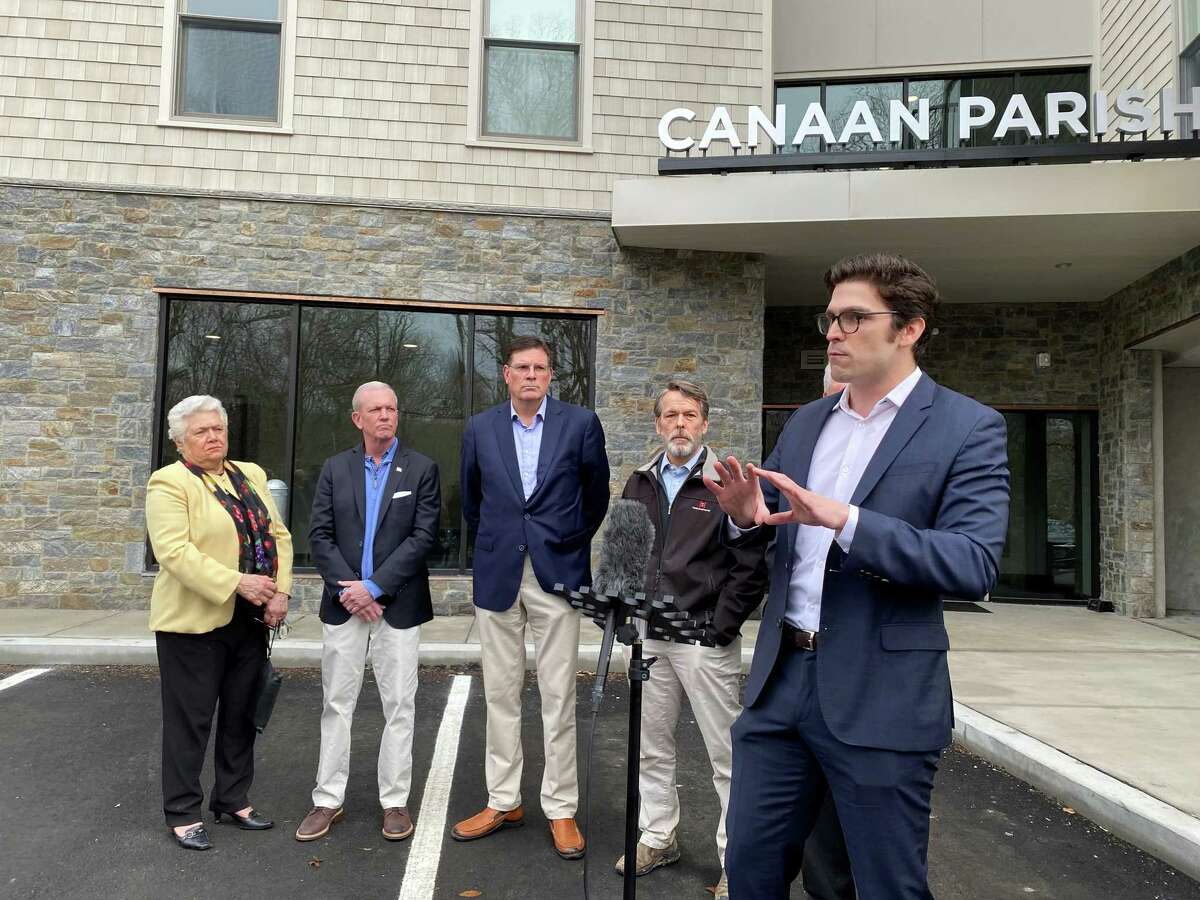 A group for 30 people, including elected officials, stood in front of  Canaan Parish, New Canaan's newest affordable housing, to speak out against the proposed 102-unit, with 31 affordable housing units at 751Weed Street on Feb. 17, 2022