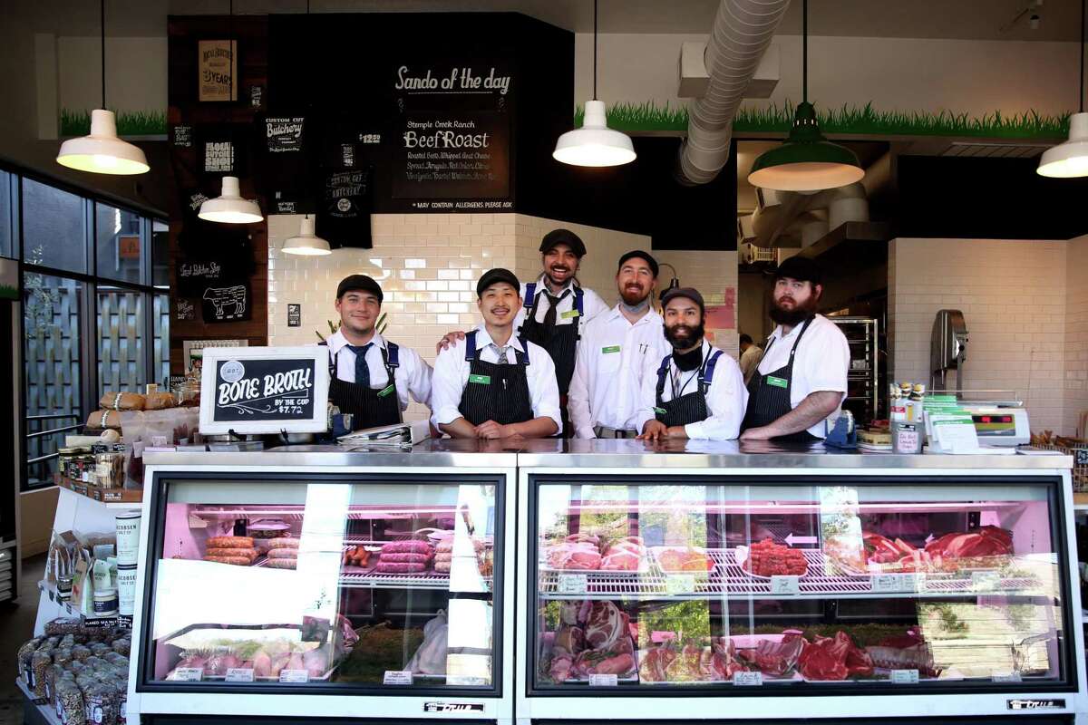 Local Butcher Shop’s new worker-owners, from left to right: Merl Goodsell, Koji Fujioka, D Calpito, Scott Miller, Caleb Avalos and Jason Fallock behind the meat counter in Berkeley.