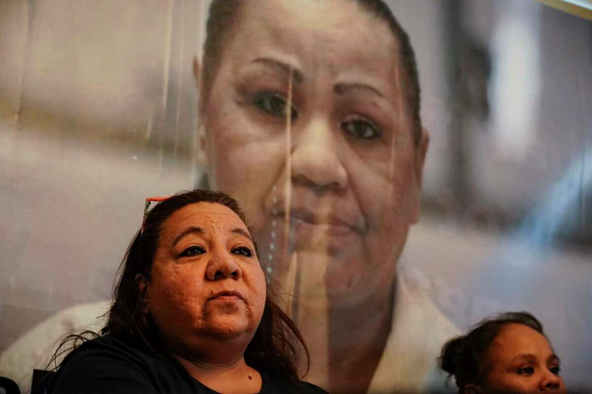 Melissa Lucio's sister Sonya Valencia Alvarez shares her memories of Lucio and her children during a media event Wednesday, Feb. 16, 2022, at their mother's home in Harlingen, Texas, to announce the family's statewide education tour about her case.