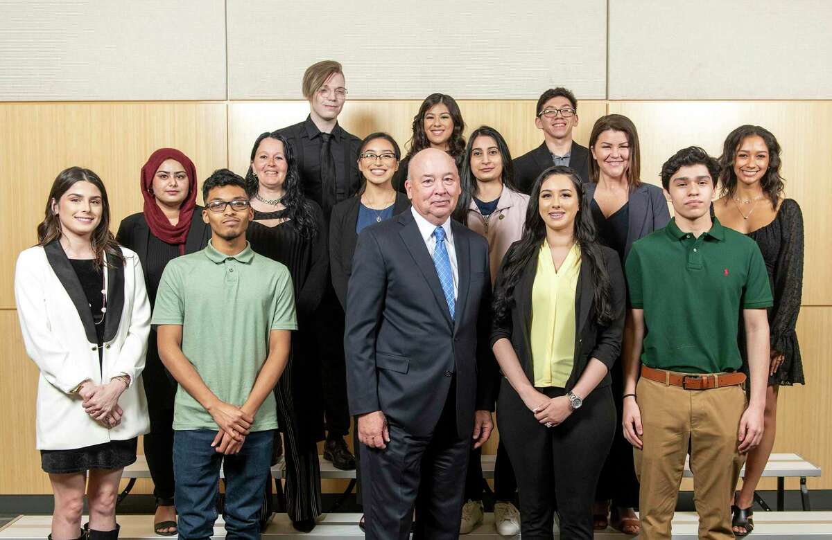 Lone Star College hosted its annual Chancellor’s Donor Appreciation Lunch where supporters of LSC Foundation heard personal stories of success from LSC students. Pictured are: (back row left to right) Marrz Lundquist, LSC-CyFair; Destiny Ipina, LSC-Houston North; and Jonathan Amaya, LSC-Houston North. (Middle row, left to right) Shiza Rubab, LSC-North Harris; Tara Yeakey, LSC-Montgomery; Angelina Gamez, LSC-Montgomery; Urooj Rajput, LSC-University Park; Annette Preston, LSC-Tomball; Madison Terry, LSC-Tomball. (Front row, left to right) Elizabeth Guajardo, LSC-North Harris; Demarco Rodriguez, LSC-Kingwood, Stephen C. Head, Ph.D., LSC Chancellor; Elizabeth Preston, LSC-Kingwood and Eric Rivas, LSC-CyFair. (Not pictured: Hien Doan, LSC-University Park)