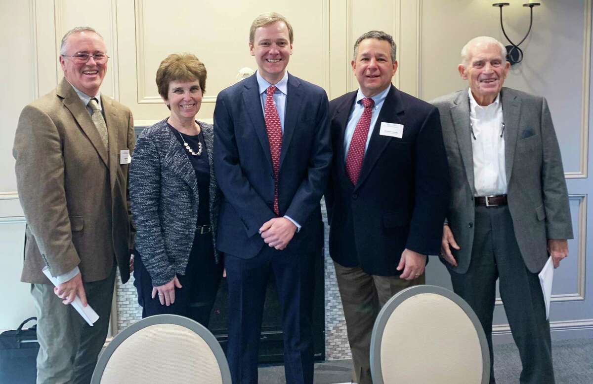 The Middlesex County Chamber of Commerce hosted a legislative leadership series with Speaker of the House Matt Ritter at the Inn at Middletown Feb. 15. From left are chamber legislative Co-Chairman Dan Moore, chamber Chairwoman Maureen Westbrook, Ritter, chamber legislative Co-Chairman Richard Carella and President Larry McHugh.