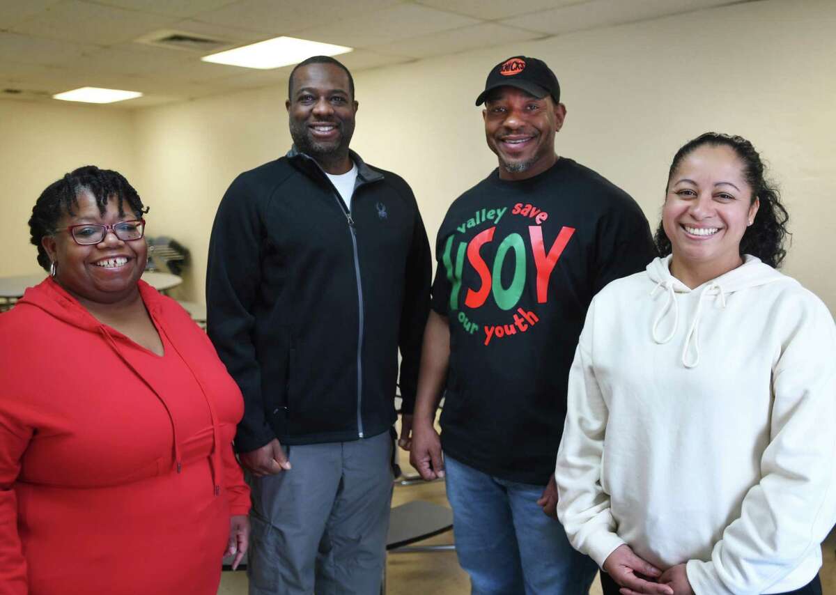 From left; Treasurer Cheryl McCollum, Board Chair Chris Grizzle, Executive Director Len Duffus, and Head of Fundraising Jillian Atkins at Valley Save Our Youth at 4 Fourth Street in Ansonia, Conn. on Saturday, February 12, 2022.