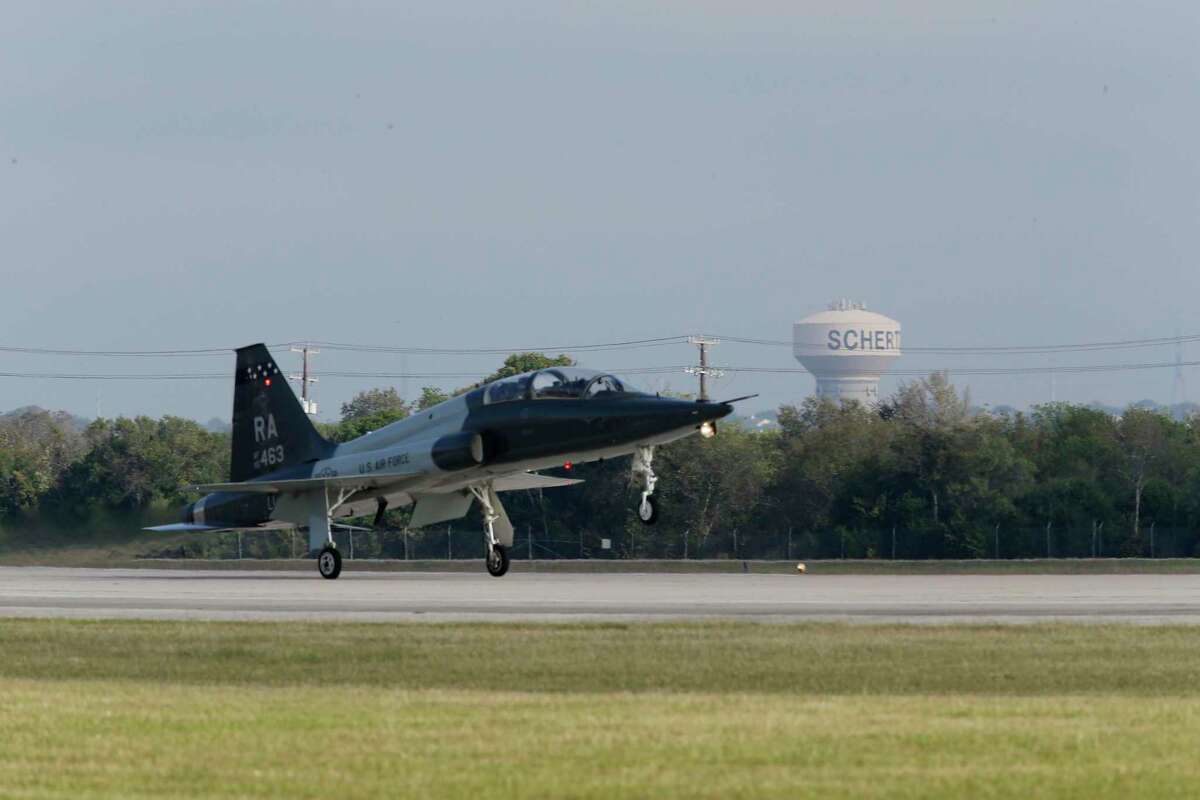 A T-38 Talon lands at Joint Base San Antonio-Randolph in the fall of 2021. Part of the training fleet was grounded at bases across the country to check a possible defect in the plane’s escape system.