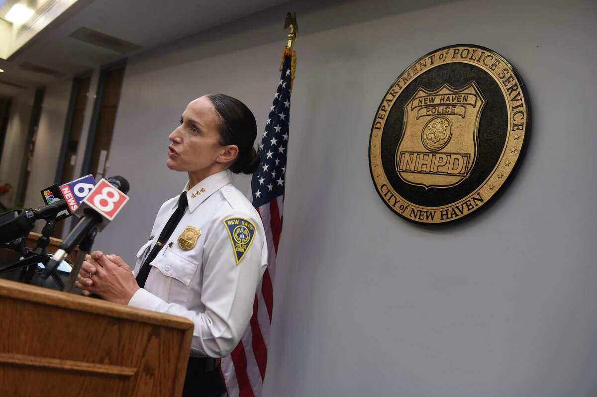 Interim New Haven Police Chief Renee Dominguez speaks at a press conference announcing her decision to withdraw from consideration for the position of police chief at the New Haven Police Department on Dec. 10, 2021.