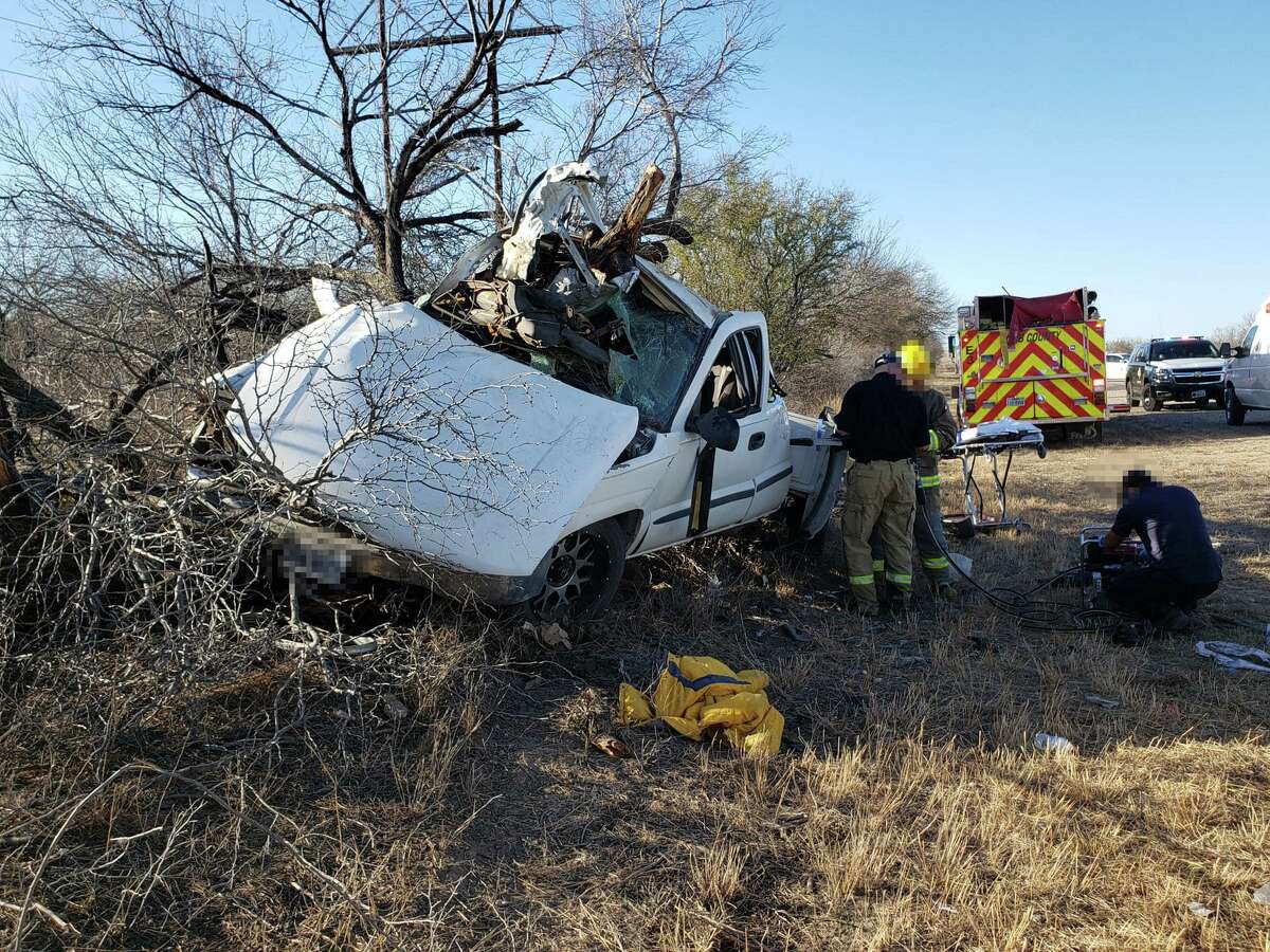 A white pickup crashed into a tree on Feb. 13 after fleeing a U.S. Border Patrol checkpoint by U.S. 83 and Texas 44. The driver was arrested for allegedly transporting one migrant who ended up pinned in the wreckage.