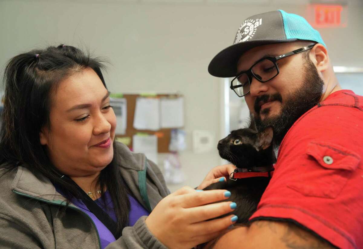 Gwendolyn Salas and boyfriend, Eduardo Martinez, interact with a four-month-old kitten at a BARC Animal Shelter and Adoptions adoption event Saturday, Feb. 12, 2022, in Houston. The couple started the adoption process with Pink.