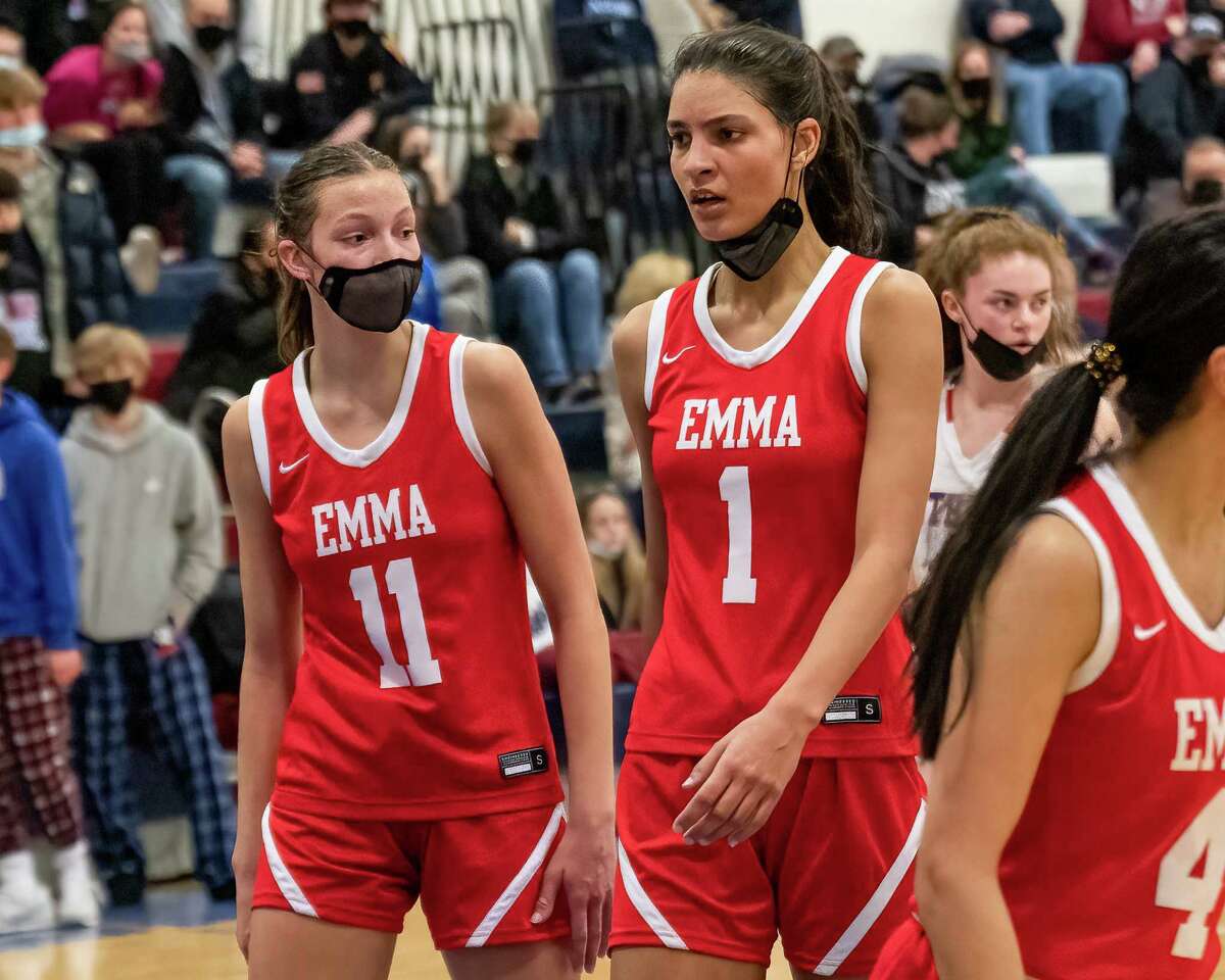 Emma Willard sophomore Audrey Shields (No. 11) and senior Emma Shields (No. 1) during the first round of the Section II, Class A tournament against South Glens Falls at South Glens Falls High School on Friday, Feb. 18, 2022. (Jim Franco/Special to the Times Union)