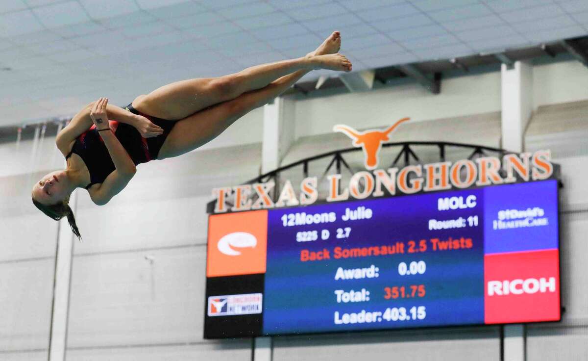Julia Moons of Lake Creek competes in the Class 5A girls 1-meter diving during the UIL State Swimming and Diving Championships at Lee & Joe Jamail Texas Swimming Center, Saturday, Feb. 19, 2022, in Austin.