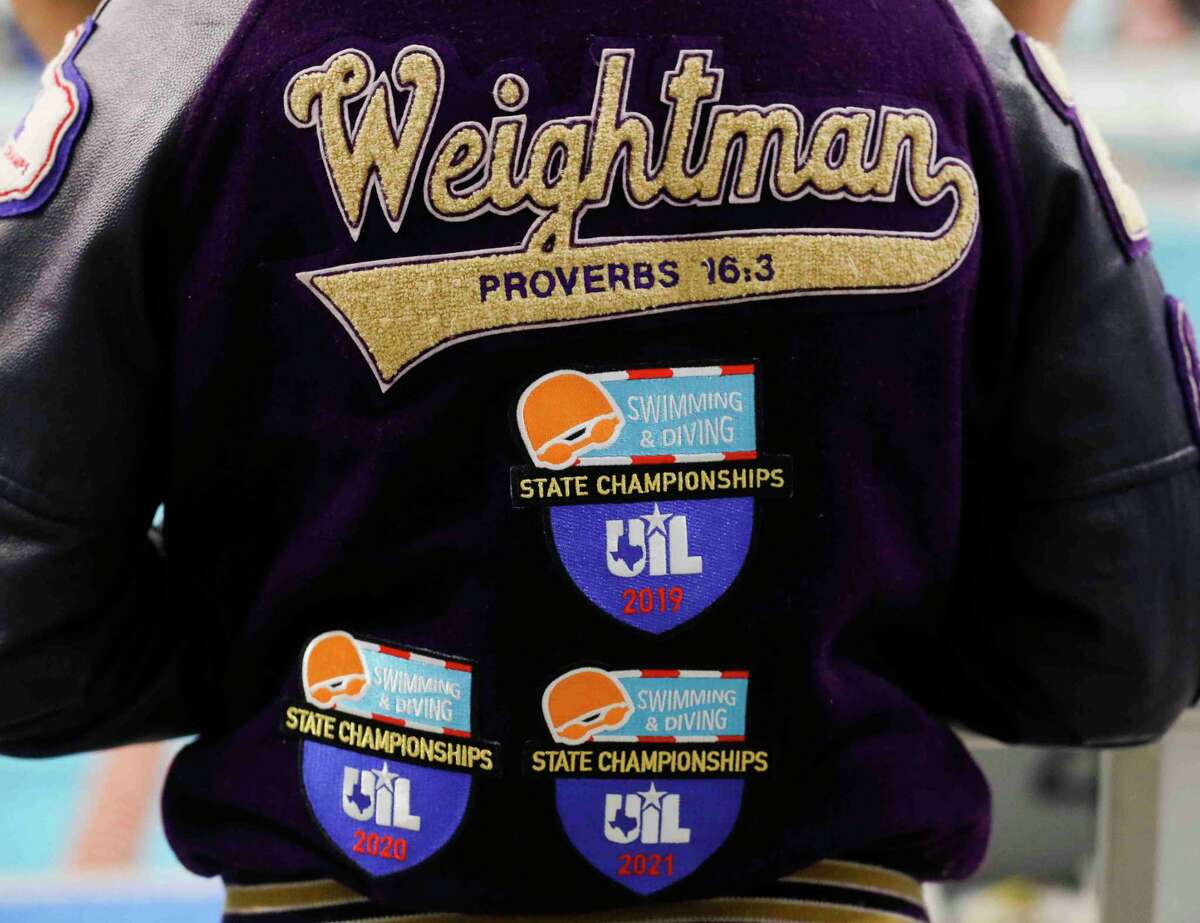 Kaitlyn Weightman of Montgomery’s letter jacket is seen during the UIL State Swimming and Diving Championships at Lee & Joe Jamail Texas Swimming Center, Saturday, Feb. 19, 2022, in Austin.
