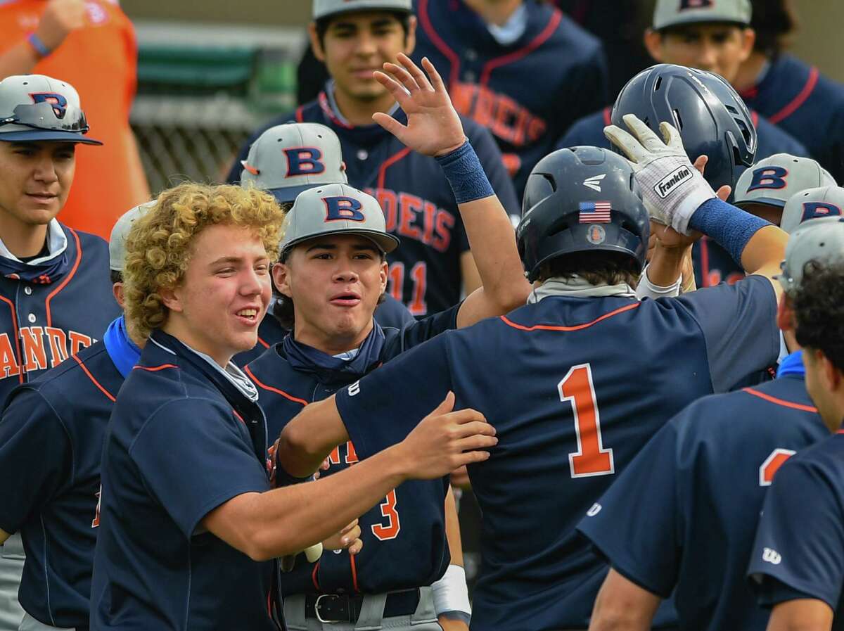 Jalin Flores (1) of Brandeis is congratulated by teammates after hitting a home run during high-school baseball action at the Blossom Athletic Center on Friday, April16, 2021.