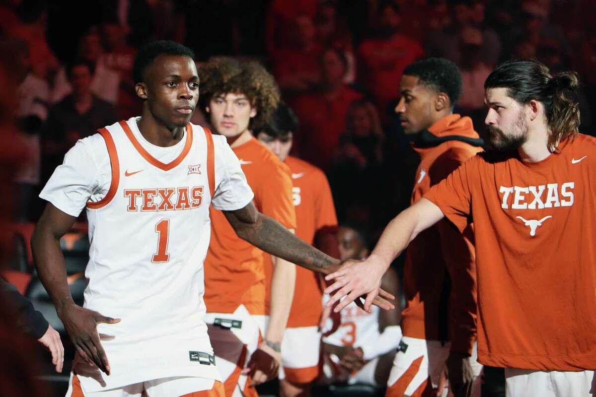 Texas Longhorns guard Andrew Jones (1) is introduced prior to the Big 12 basketball game against the Texas Tech Red Raiders Saturday, Feb. 19, 2022, at The Frank Erwin Center in Austin, Texas. [Sam Grenadier/San Antonio Express-News]